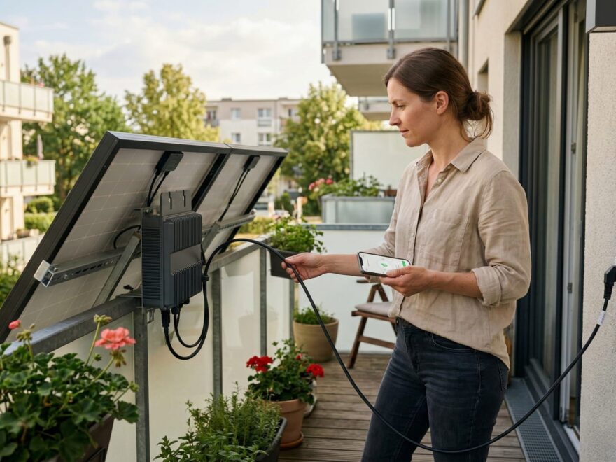 Ein an einem Balkonkraftwerk montierter Wechselrichter verbindet Solarmodule mit der Haussteckdose.