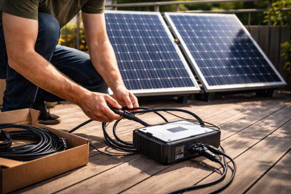 Solarmodule und Wechselrichter eines Balkonkraftwerks als Beispiel für den Unterschied zwischen Modulleistung und Wechselrichterleistung