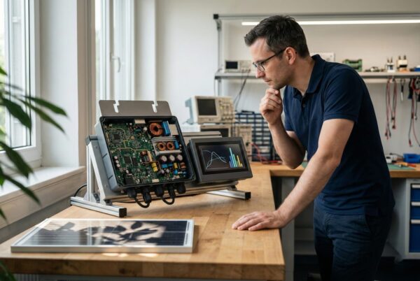 Ein Techniker analysiert die Effizienzkurve und die interne Elektronik eines Wechselrichters mit MPPT-Technologie.