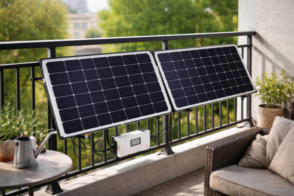 Balkonkraftwerk mit zwei Solarmodulen am Balkon montiert zur Stromerzeugung