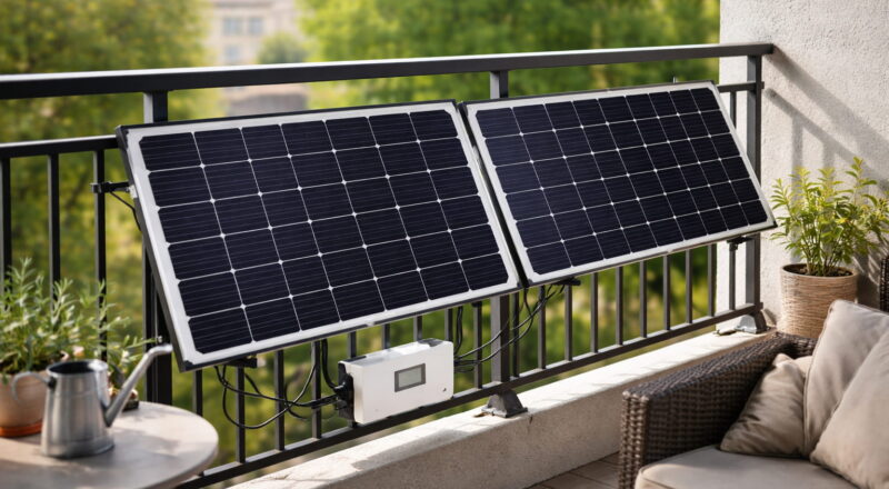 Balkonkraftwerk mit zwei Solarmodulen am Balkon montiert zur Stromerzeugung