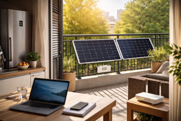 Balkonkraftwerk erzeugt Strom für Haushaltsgeräte wie Laptop und Kühlschrank
