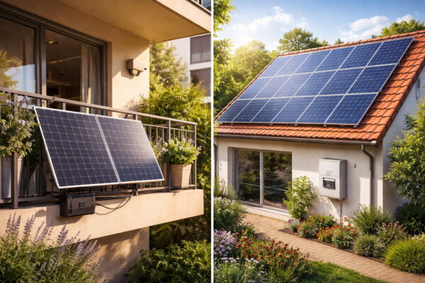 Balkonkraftwerk am Balkon und Photovoltaikanlage auf Hausdach im Vergleich