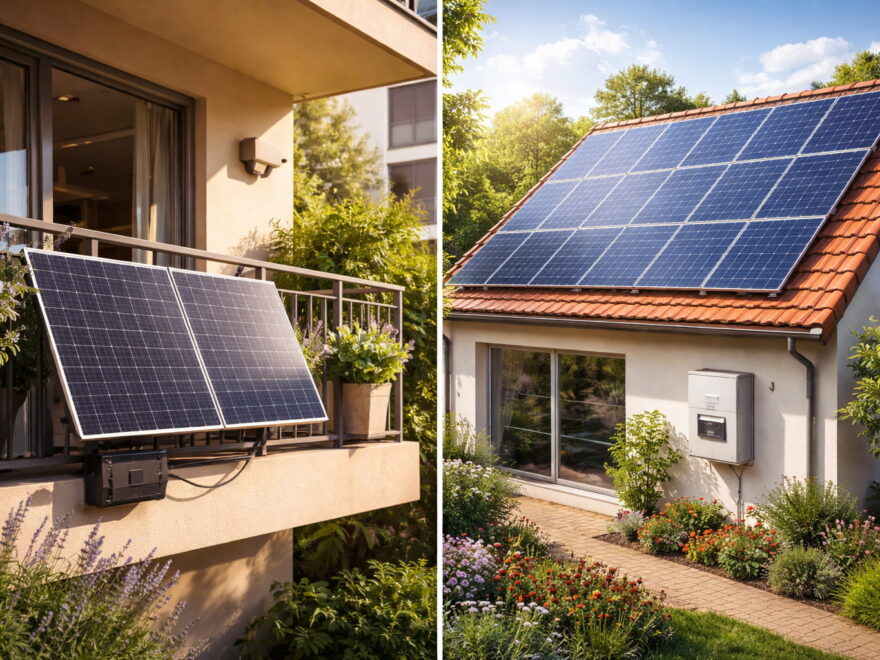 Balkonkraftwerk am Balkon und Photovoltaikanlage auf Hausdach im Vergleich